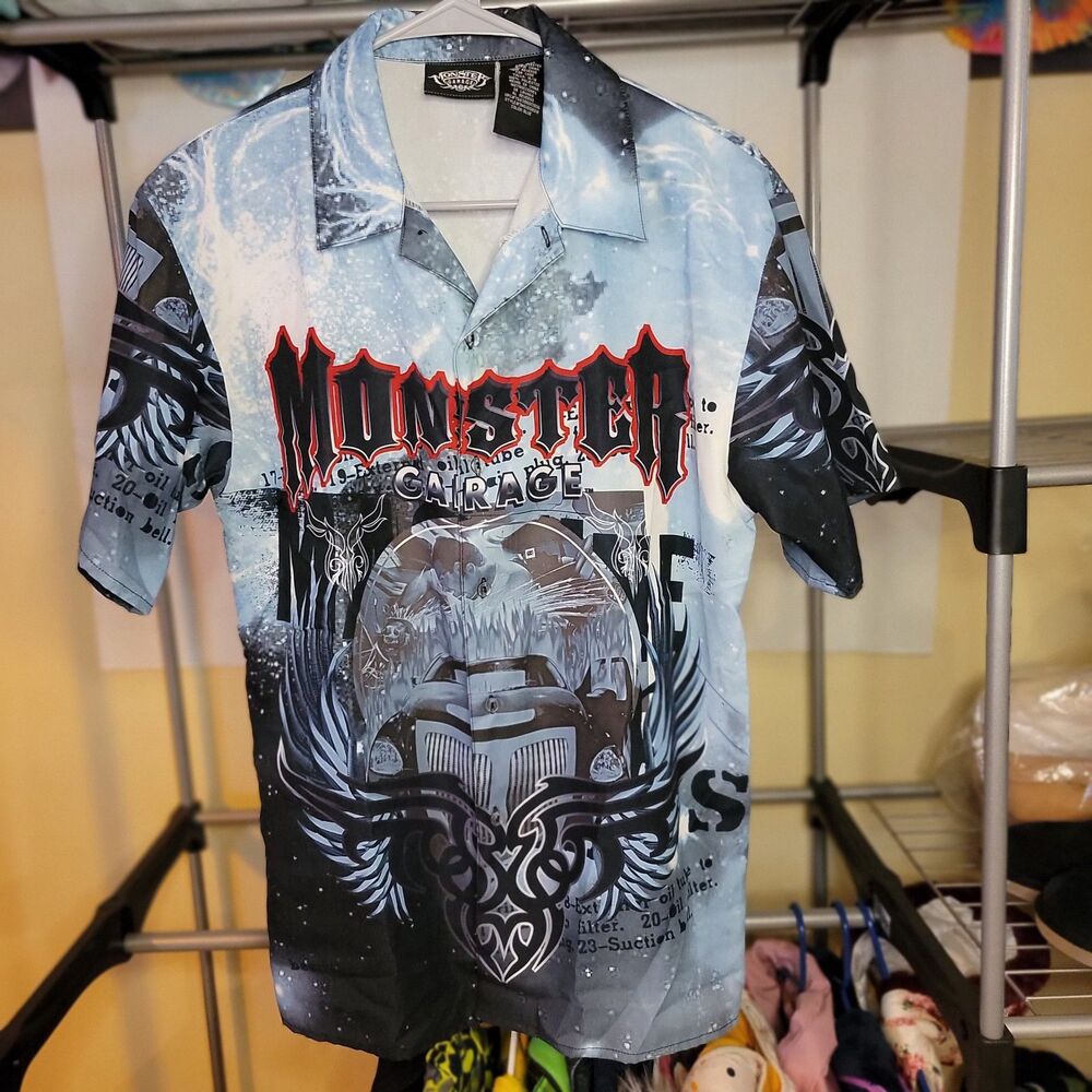 Monster Garage Full Button All Over Graphic Short Sleeve - Size 16/18